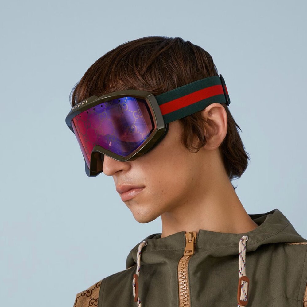 NEW GUCCI Mirrored Ski Mask Goggles SHINY SOLID DARK GREEN with logo unisex - Picture 7 of 9